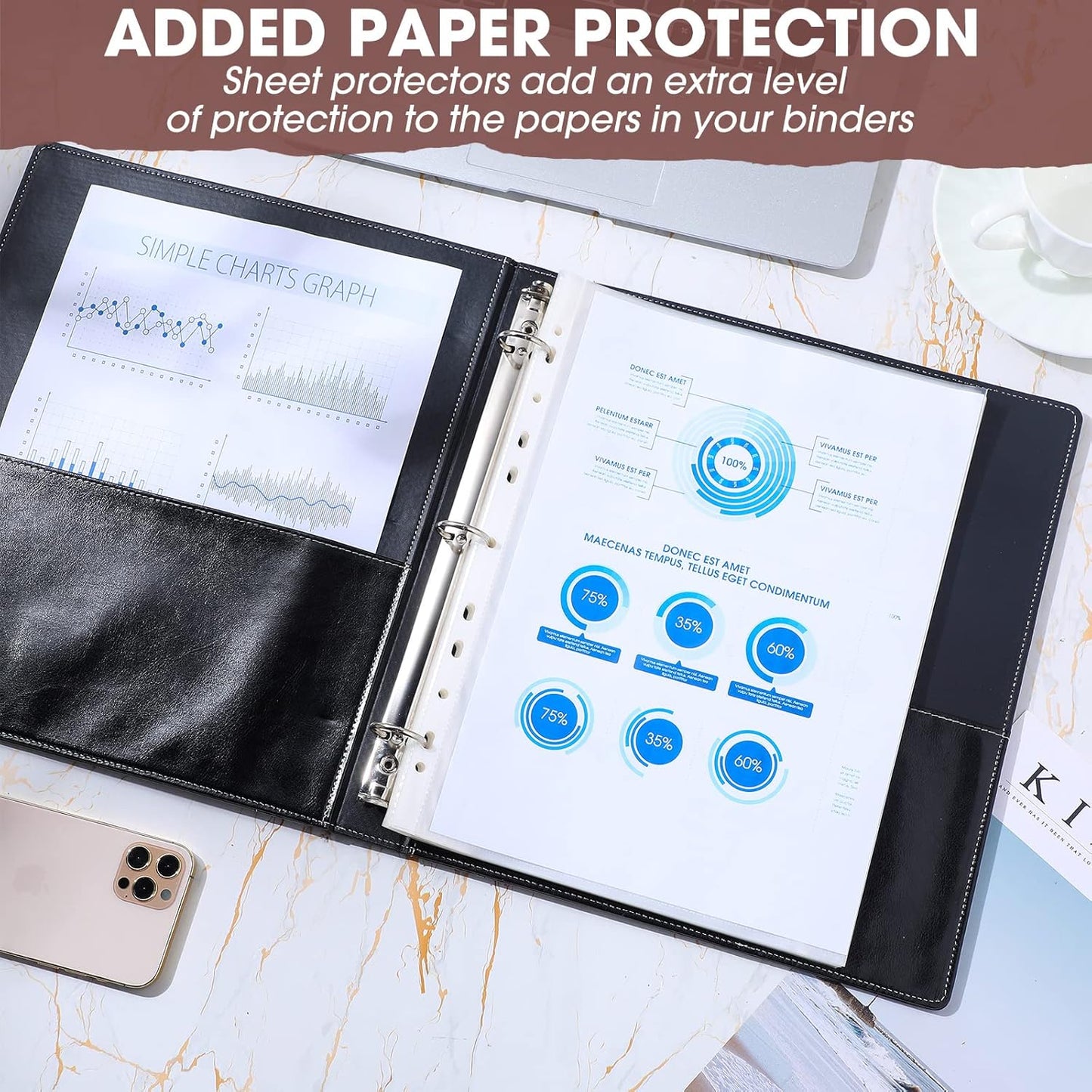 Yexiya 4 Pcs Vintage Hardback 3 Ring Binder Planner Portfolio Leather Round Ring Binder Organizer Holds 200 Sheets with 2 Inner Pockets, 13 x 10 Inch(1 Inch,Black)