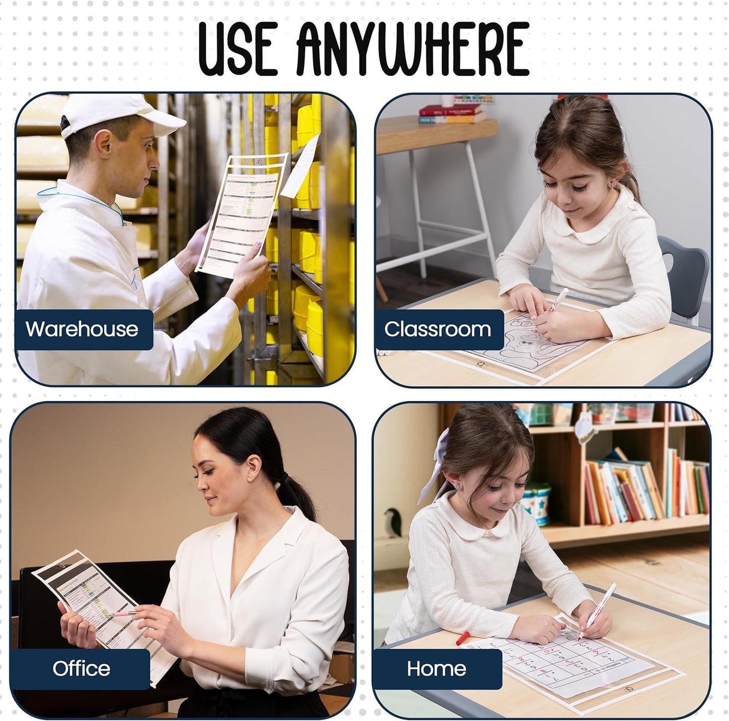 Essex Wares - 6 Pack, Assorted, Dry Erase Pocket Document Protectors, 10" Wide x 13.5" Tall- Dry Erase Clear Plastic Sleeves - Reusable & Easy Erase Plastic Invoice Holders, Water-Resistant & Durable