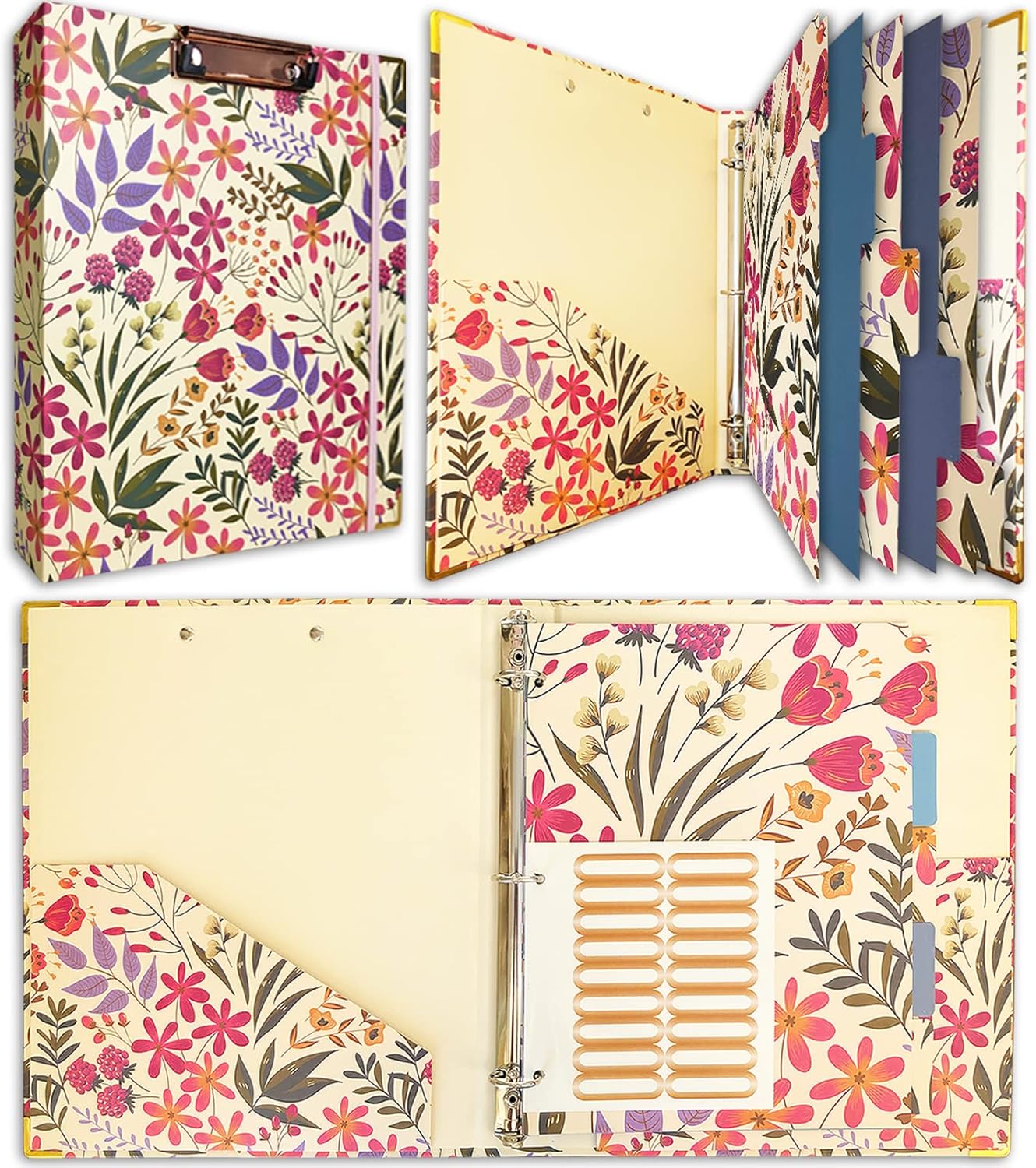 Binditek 3 Ring Binder 1 Inch, Letter Size, Binder Organizer with 5-Tab Dividers, 2 Interior Pockets, Low Profile Clip Cover, Label Stickers, 175 Sheet Capacity, Floral, 1 Pack