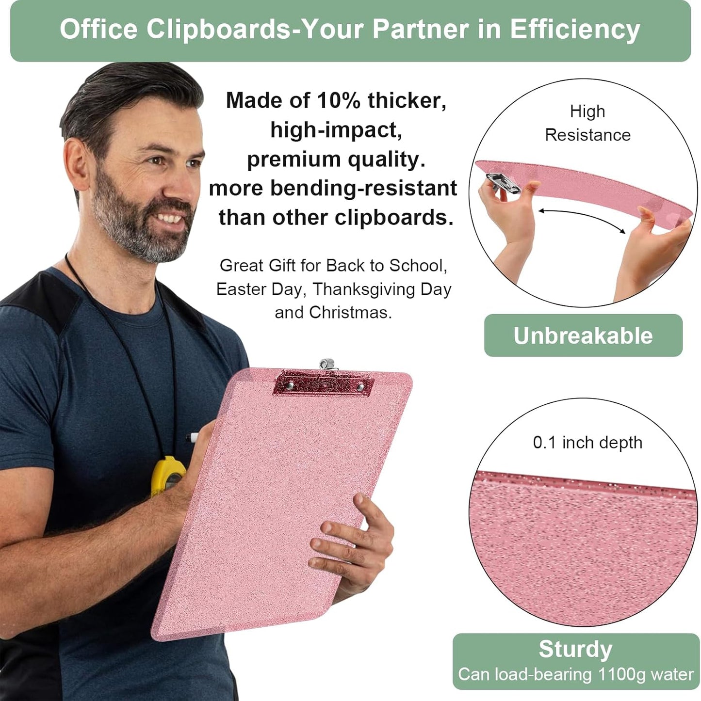 SFLHHDM 1 Pcs Clear Glitter Clipboards, Plastic Clipboard with Pen Holder, Size 8.85 x 12.4 in Shiny Clipboards with Low Profile Clip, Cute Hanging Clipboard for Office School Sparkly Clip Board-Pink