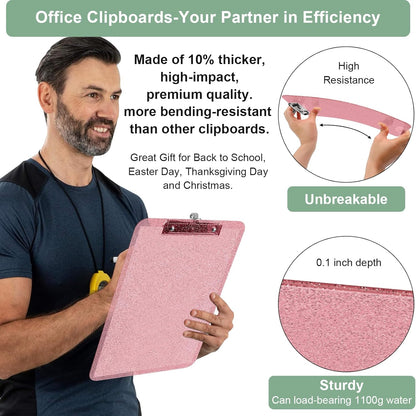SFLHHDM 1 Pcs Clear Glitter Clipboards, Plastic Clipboard with Pen Holder, Size 8.85 x 12.4 in Shiny Clipboards with Low Profile Clip, Cute Hanging Clipboard for Office School Sparkly Clip Board-Pink