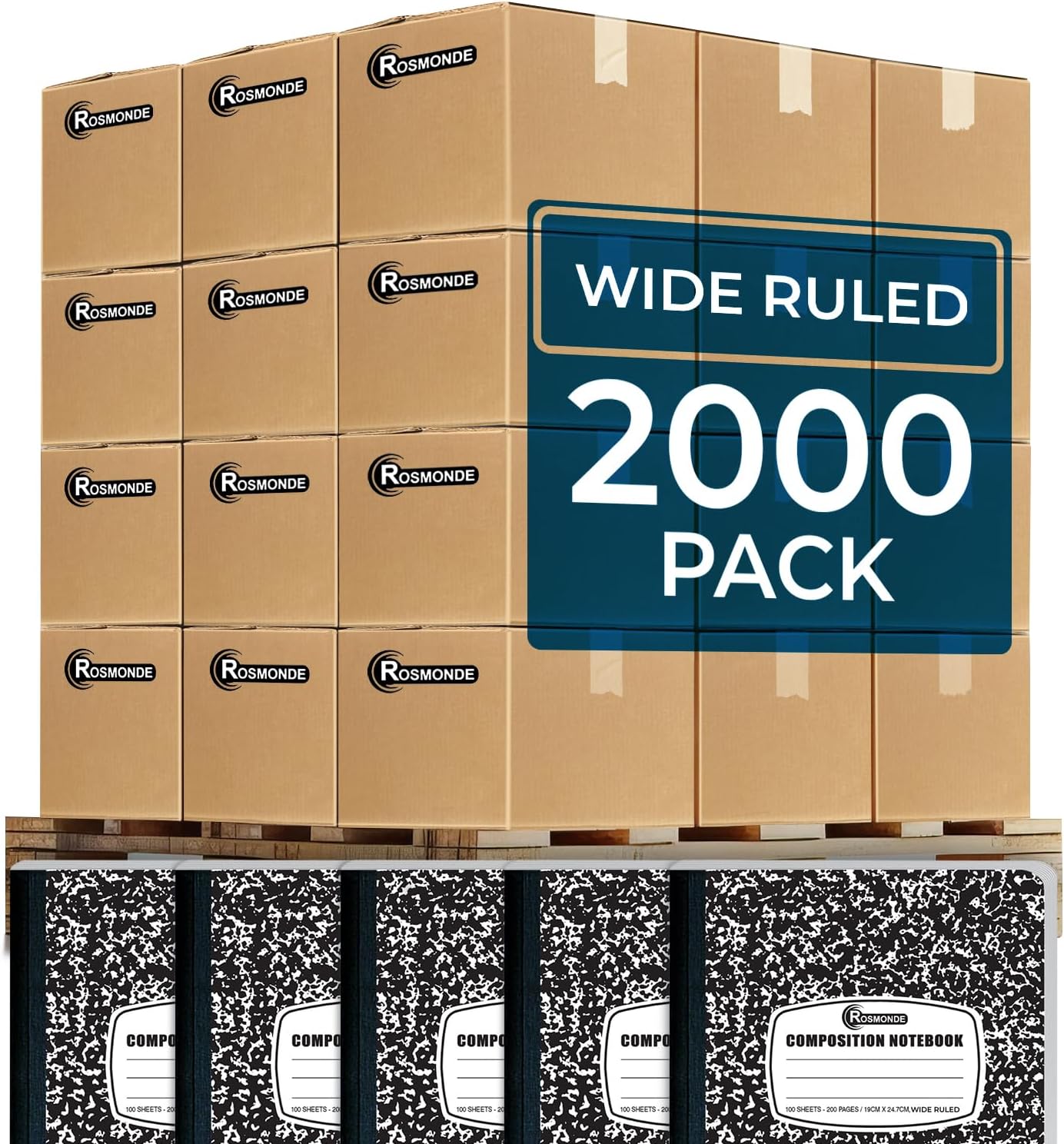 Rosmonde 12 Pack Composition Notebook Wide Ruled Bulk, 200 Pages (100 Sheets), 9-3/4 x 7-1/2", Hard Cover Wide Ruled Notebook Bulk, Black Marble Composition Notebooks, Bulk School Notebooks
