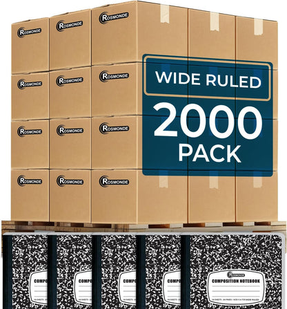 Rosmonde 12 Pack Composition Notebook Wide Ruled Bulk, 200 Pages (100 Sheets), 9-3/4 x 7-1/2", Hard Cover Wide Ruled Notebook Bulk, Black Marble Composition Notebooks, Bulk School Notebooks