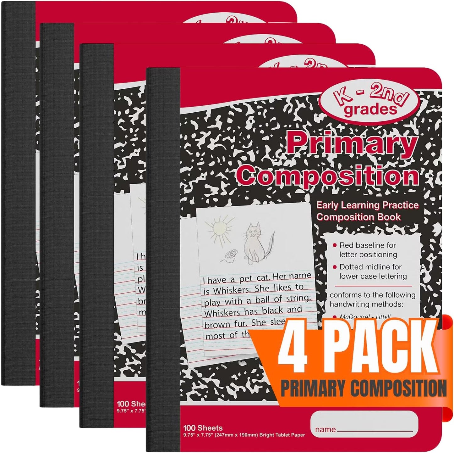 1InTheOffice Primary Composition Notebook K-2, Primary Journal, Kindergarten Notebook, 7.5" x 9.75", 100/Sheets, Red/Black Marble, 4 Pack