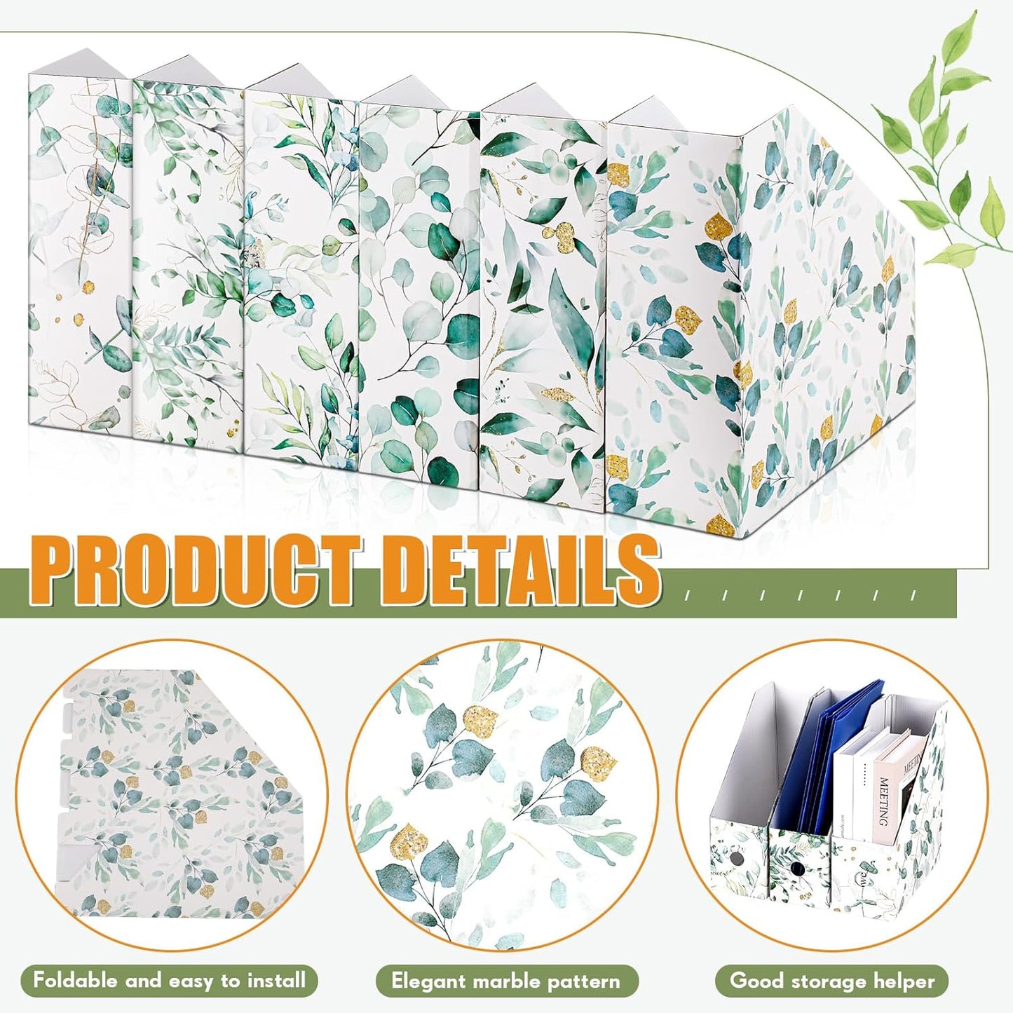 PerKoop 6 Pcs Decorative Magazine File Holders Floral Foldable File Folders Magazine Storage Boxes Rack Desk Organizer Documents with Printable Labels for School Office Home (Floral)