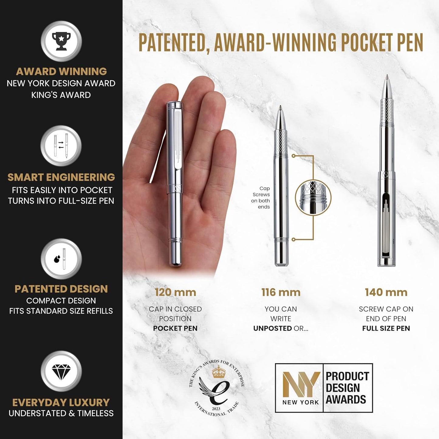 Scriveiner Black Rollerball EDC Luxury Pen, Stunning Pocket Pen with Chrome Finish, Cool Writing, Best Gift for Men & Women, German Schmidt Refill, Nice Present, Fancy Office Designer Set