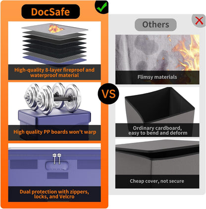 DocSafe Fireproof Document Box with Lock, File Storage Organizer with Mesh Pockets, Collapsible Portable File Box Home Office Safe Filing Cabinet with Handle for Hanging Letter/Legal Folder, Black