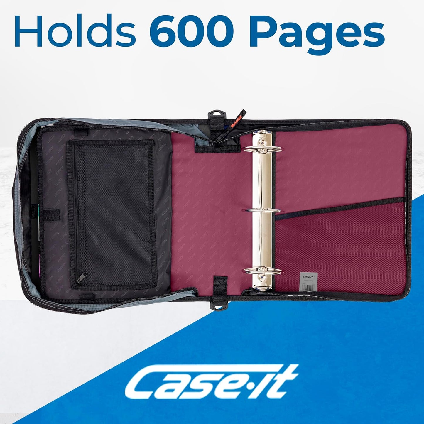 Case-it Mighty Zip Tab School Zipper Binder | 3-Inch O-Rings, 600-Sheet Capacity, 5-Subject Expanding File Folder, Multiple Pockets & Storage Organizer, Shoulder Strap | D-146 Jet Black
