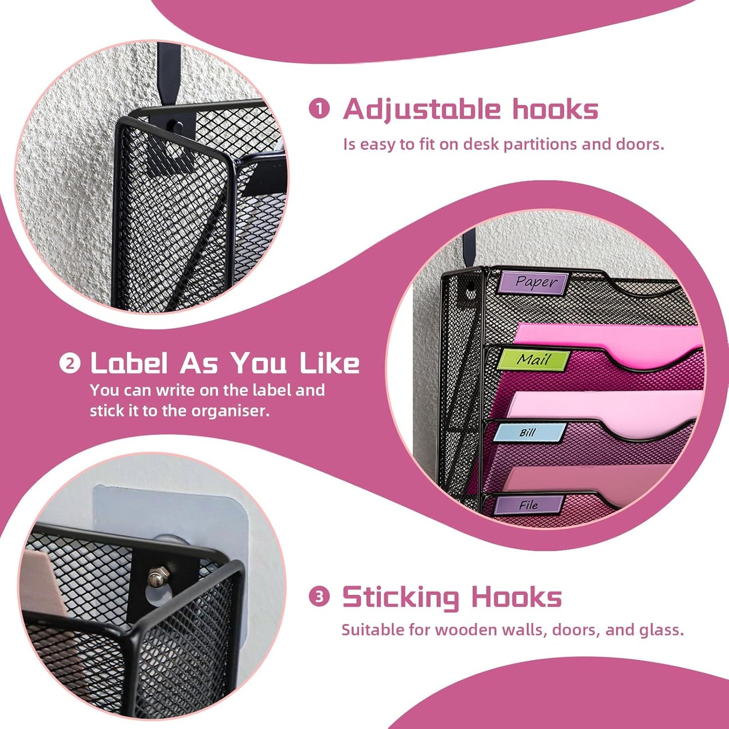 1 Pocket Mesh Wall File Holder Organizer Office Hanging File Folder Magazine Rack, Nametag Label Hooks Set Included (Black)
