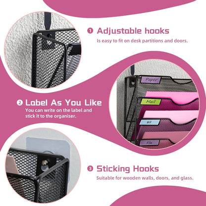1 Pocket Mesh Wall File Holder Organizer Office Hanging File Folder Magazine Rack, Nametag Label Hooks Set Included (Black)