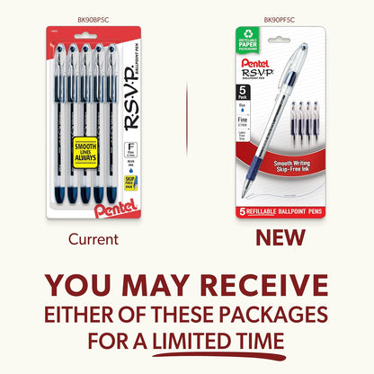 Pentel RSVP Ballpoint Pen, (0.7mm), Fine Line, Black Ink, Pack of 5 (BK90PF5A)