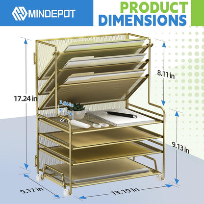 MINDEPOT 4-Tier Paper Organizer + 3-Pocket File Holder + Drawer + Pen Holders, Desktop File Organizers Paper Tray for Office Supplies School Classroom Organization (Black, No Drawer & Pen Holder)