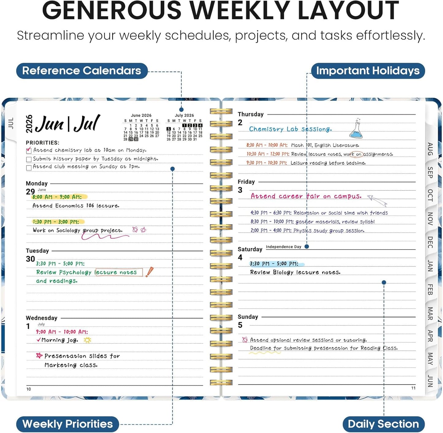 Planner 2026-2027, Academic Year Monthly and Weekly Calendar Planner, Jul 2026 - Jun 2027, Hardcover Teacher Student Planning Agenda book with Tabs, Perfect for School Office Supplies, 6.3" x 8.5" - Wildflowers
