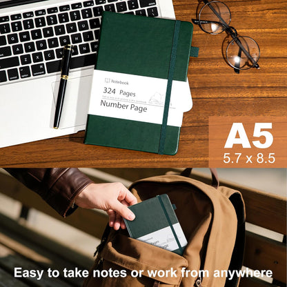 Yoment Leather Journal for Men Women, 324 Numbered Pages Thick Journals for Writing with Contents, A5 Hardcover College Ruled Journaling Notebooks for Travel, Note Taking, Diary, Green