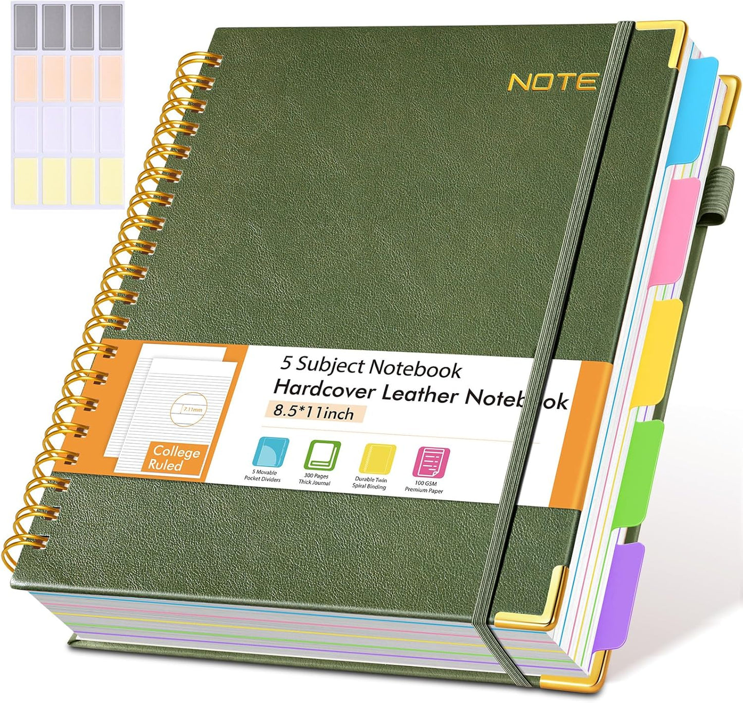 Hardcover Large Spiral Notebook 8.5" x 11" with Removable Dividers Tabs, 300 pages Leather 5 Subject Notebook College Ruled, A4 Journal for Women Men, Notebooks for Work School Note taking,Black