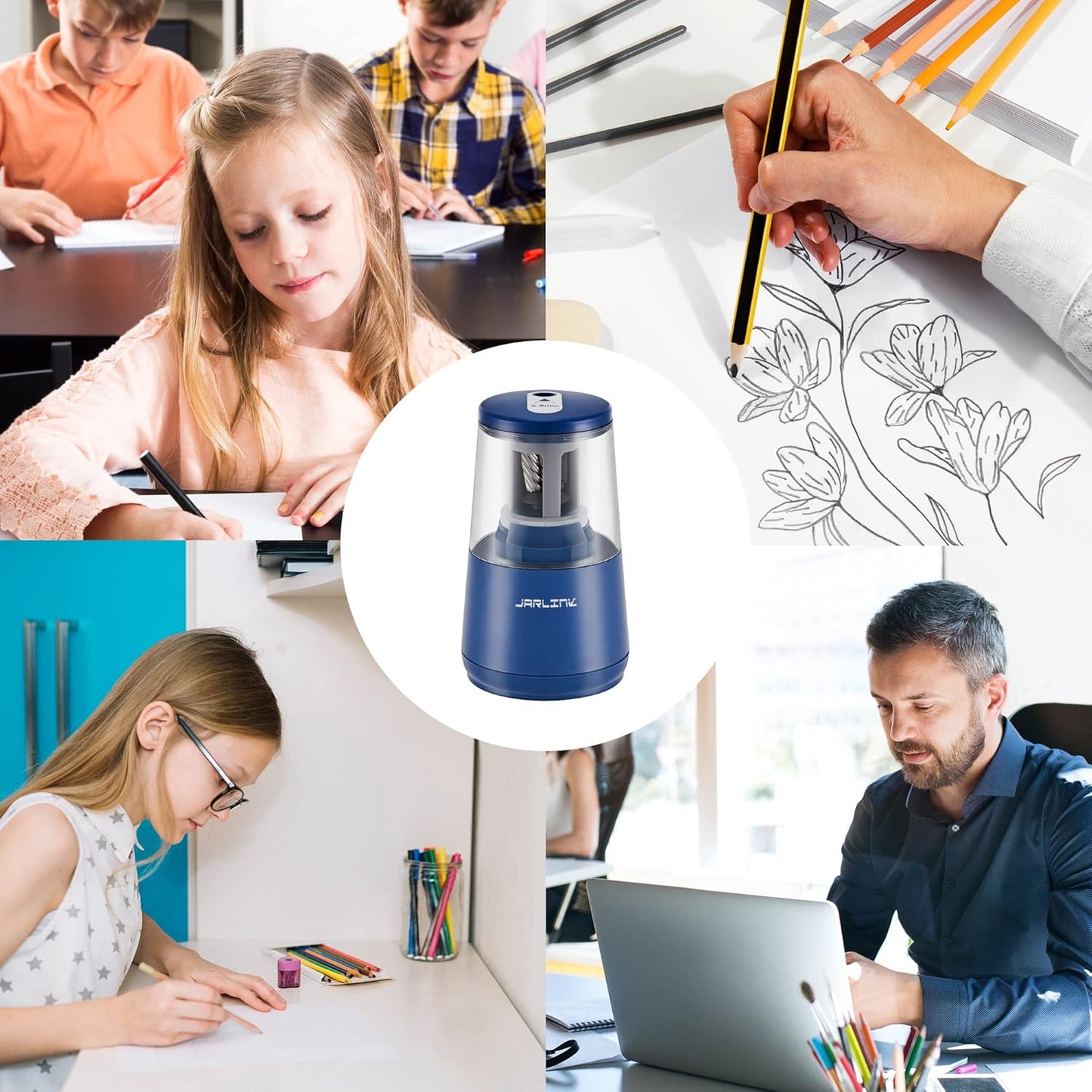 JARLINK Electric Pencil Sharpener, Heavy-Duty Helical Blade to Fast Sharpen, Auto Stop for No.2/Colored Pencils(6-8mm), AC Adapter/Battery Operated in School Classroom/Office/Home (Black)