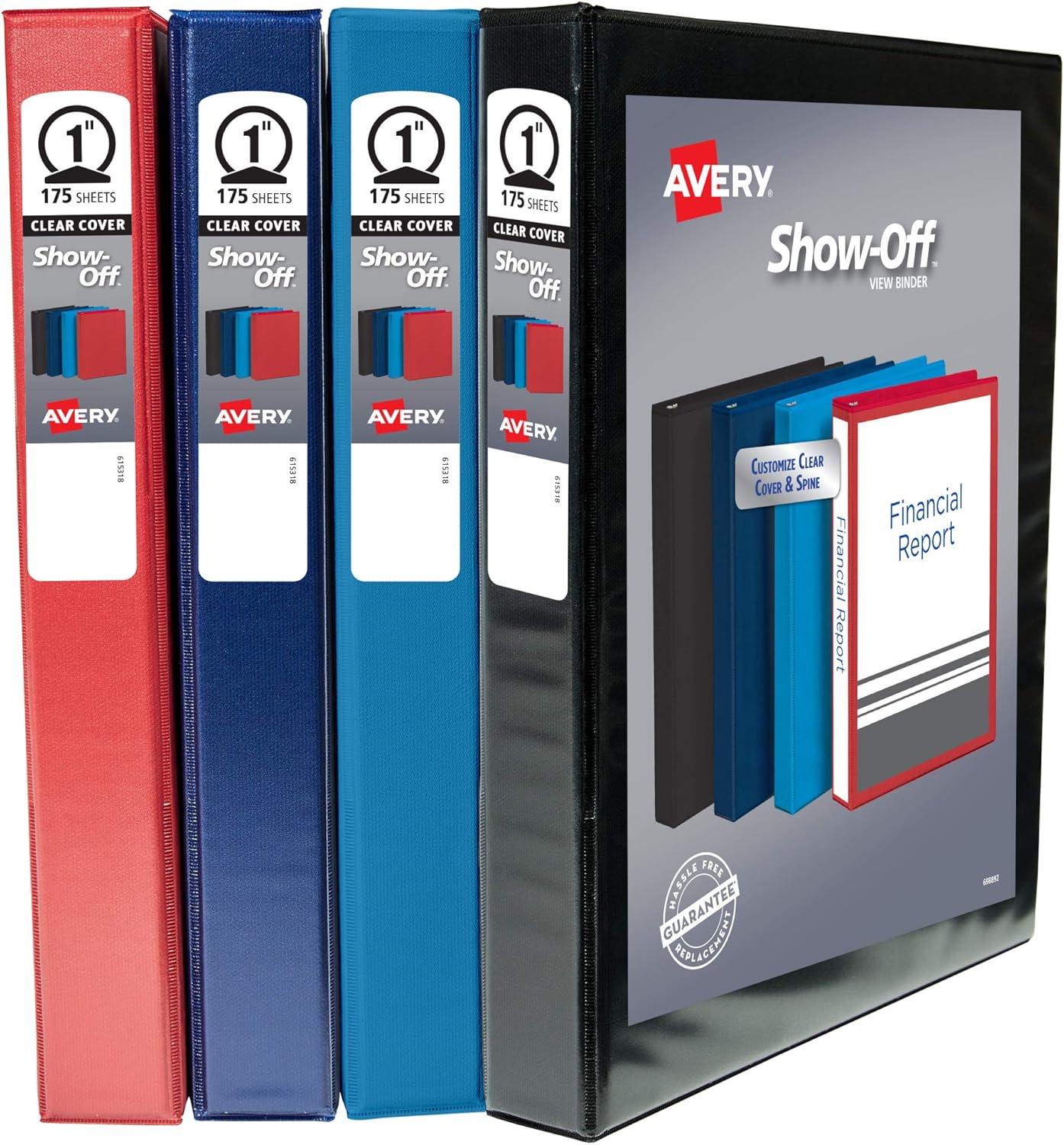 Avery Show-Off Standard View 3 Ring Binder, 1" Round Rings, 175-Sheet Capacity, 1.4 Inch Wide Spine, Color Will Vary (Black, Light Blue, Navy Blue, or Red), Ideal for Light Organization (12789)