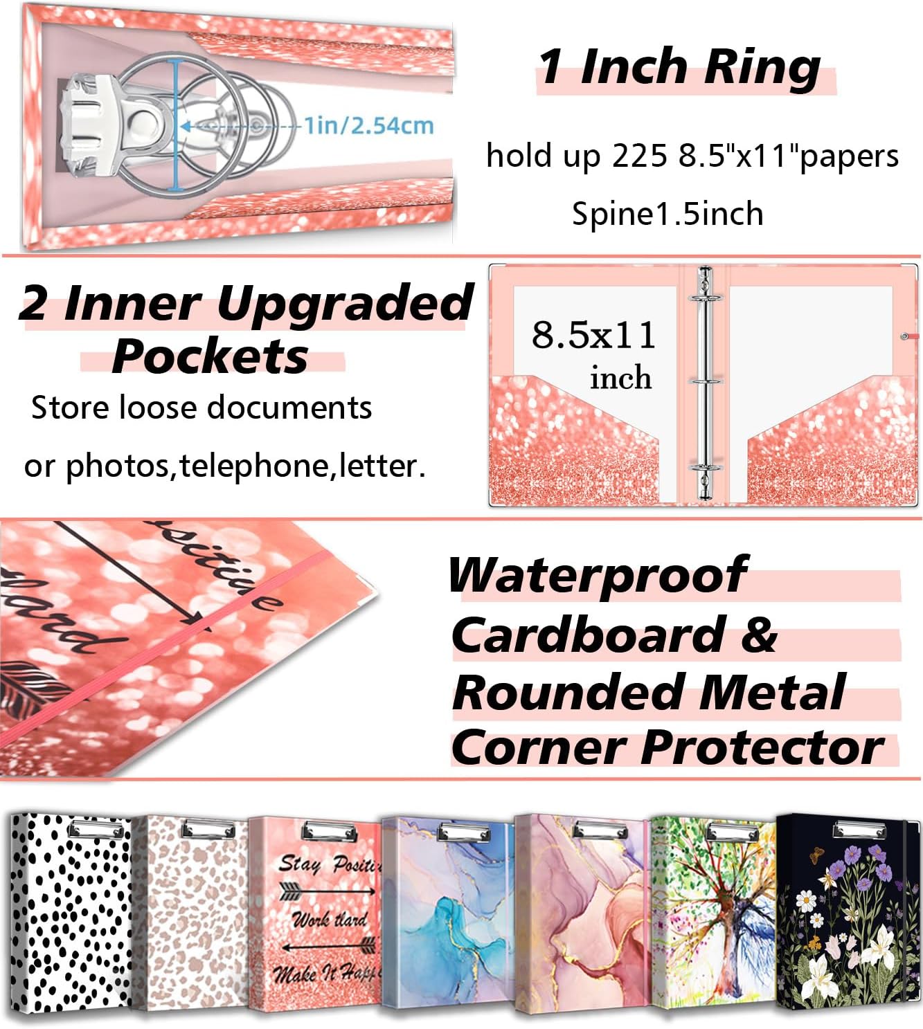 3 Ring Binder 1 Inch, Three Ring Binders Organizer with Clipboard, 5-Tabs Pockets Dividers, Plastic Folder, 18 Divider Stikers, BVSSX Pretty Binder with Pen Loop (Black Weeds, Letter Size)
