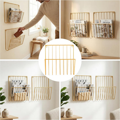 2-Pack Wall Magazine Holder File Organizer Mental , Wall Mounted Magazine Rack for Space-Saving, Walls Magazine Holder for Mail, Bathroom & Home Office Organizer, Office Living Room(Gold)
