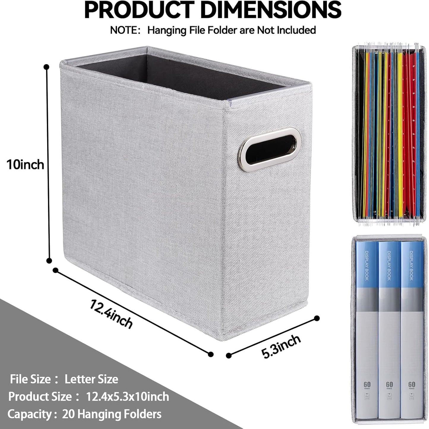 4 Pack Letter Size File Storage Box Collapsible, Fabric Hanging File Folders Organizer, Portable Office Document Holder with Metal Handle, Smooth PVC Rails, Beige