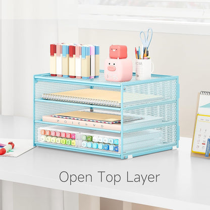 Lavatino 3-Tier Letter Tray Desk Organizer, Mesh Metal Paper File Tray Organizer for Desk, Office Supplies & Home Organization, Fits A4 Paper, Mail, Magazines & Office Accessories (Black with Handle)
