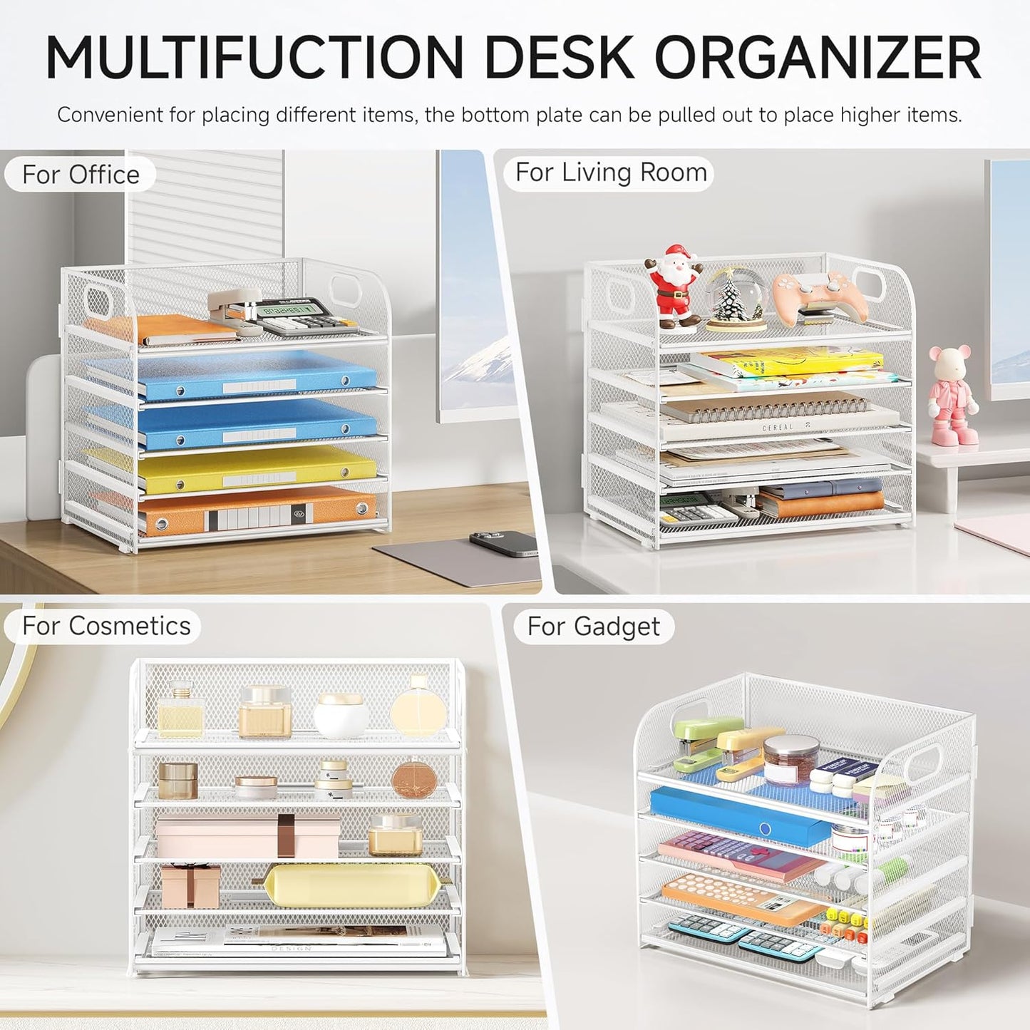 Lavatino 5 Tray Desk File Organizer, Black Mesh Paper Sorter Letter Tray Organizer with Handle, Desktop File Organizer and Storage for Letter/A4 Office File Folder