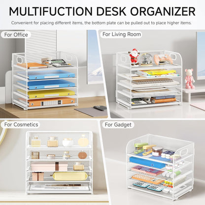 Lavatino 5 Tray Desk File Organizer, Black Mesh Paper Sorter Letter Tray Organizer with Handle, Desktop File Organizer and Storage for Letter/A4 Office File Folder
