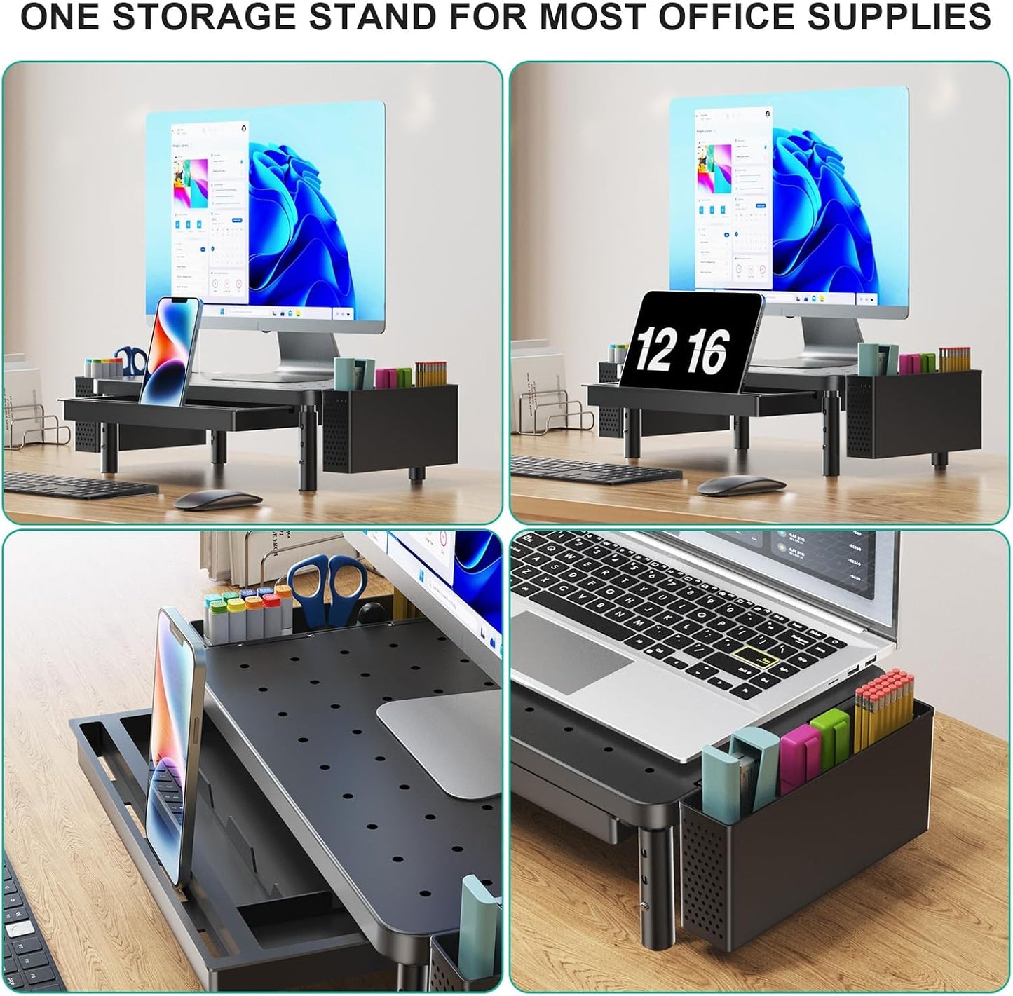 WALI Computer Monitor Stand for Desk, Adjustable Laptop Riser, Desk Monitor Stand Underneath Storage for Office, School Supplies (PTT001-B), 1 Pack, Black
