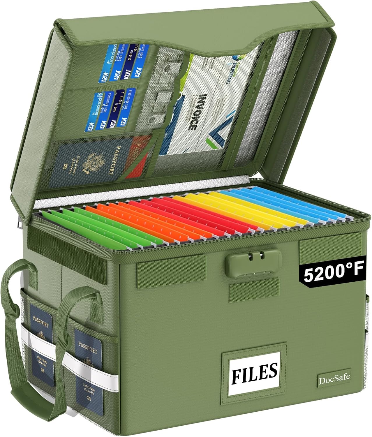 DocSafe Fireproof Document Box with Lock, File Storage Organizer with Mesh Pockets, Collapsible Portable File Box Home Office Safe Filing Cabinet with Handle for Hanging Letter/Legal Folder, Black
