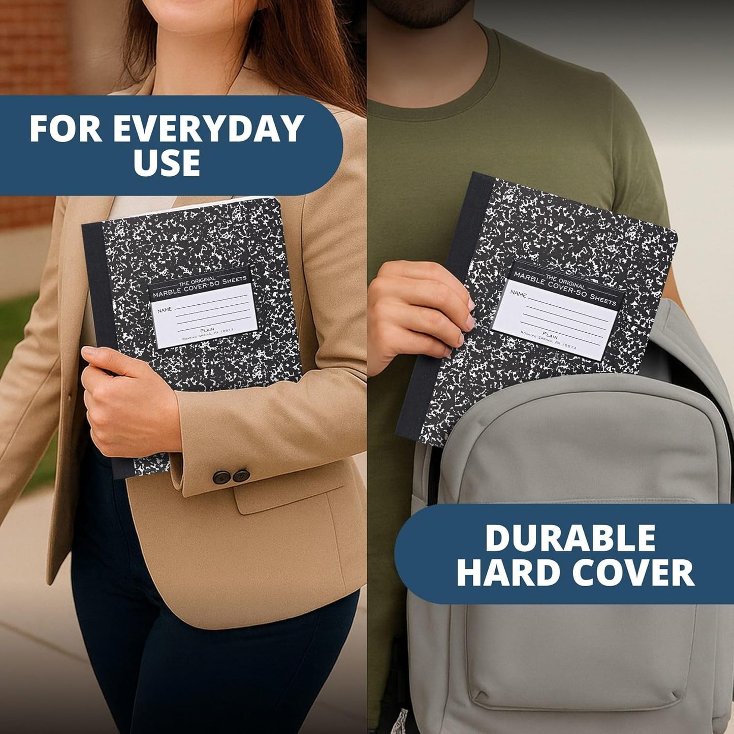ROARING SPRING Hard Cover Composition Notebook, 4 Pack, Blue Marble Comp Book, 9.75″ x 7.5″, Unruled Blank Paper, 100 Sheets (200 Pages), Made in USA