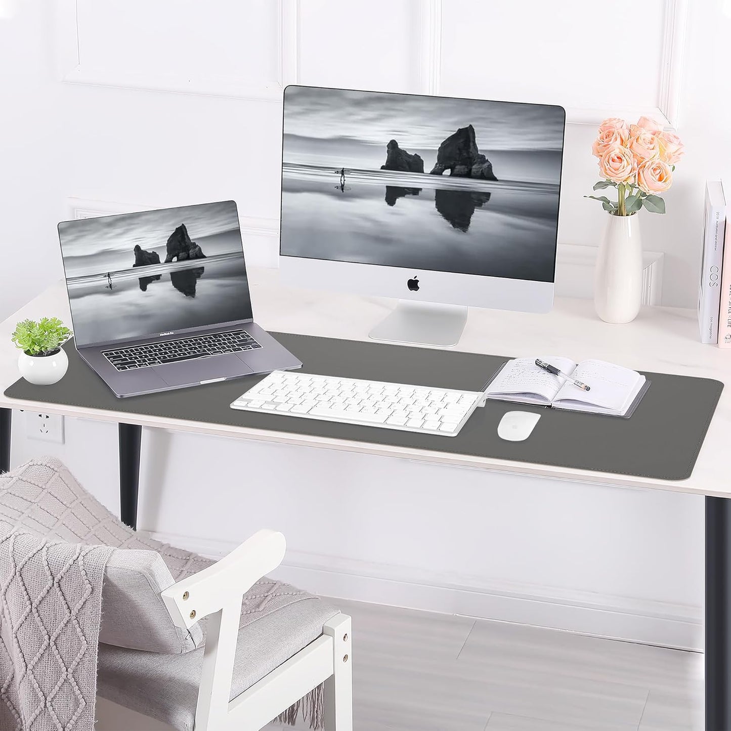 Large Desk Mat 47.2" x 17" Leather Desk Pad Protector with Natural Cork & PU Leather, Non-Slip Office Desk Mat, Large Mouse Pad, Waterproof Desk Blotter pad for Office&Home(Black)