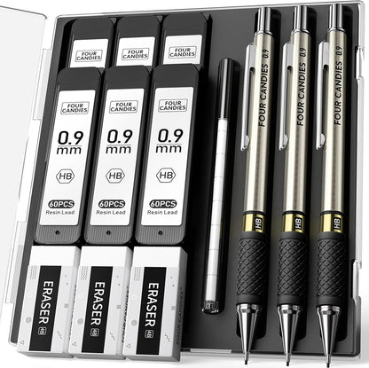 6PCS Metal Mechanical Pencil Set with 0.7mm Medium Point, 360 Leads, 12 Erasers, Art Mechanical Pencils Pack with Storage Case for School Writing, Sketching, Drawing & Professional Drafting