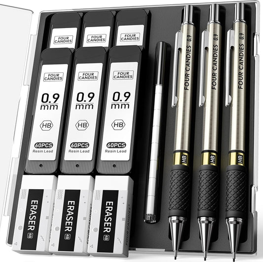 6PCS Metal Mechanical Pencil Set with 0.7mm Medium Point, 360 Leads, 12 Erasers, Art Mechanical Pencils Pack with Storage Case for School Writing, Sketching, Drawing & Professional Drafting