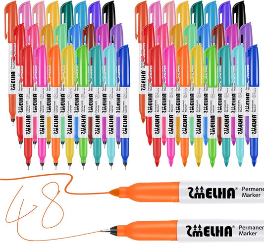 SMELHA 48 Pack Permanent Markers, 24 Colors, Fine & Ultra Fine Point Permanent Marker Assorted Colors Set, 2 Type of Tips for Writing, Drawing, Crafting, Water-Resistant, Quickly Drying, for Adults