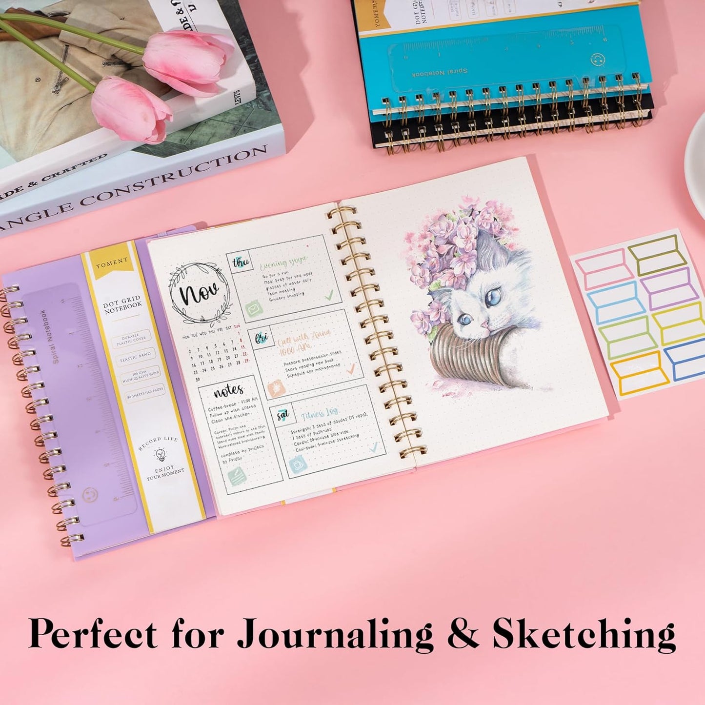 Yoment Graph Paper Spiral Notebook A5 Graphing Notebook 160 Pages Graph Paper Notebook Spiral Bound Waterproof Plastic Hardcover Spiral Journal 5x7 Grid Notebooks for Note Taking,Black