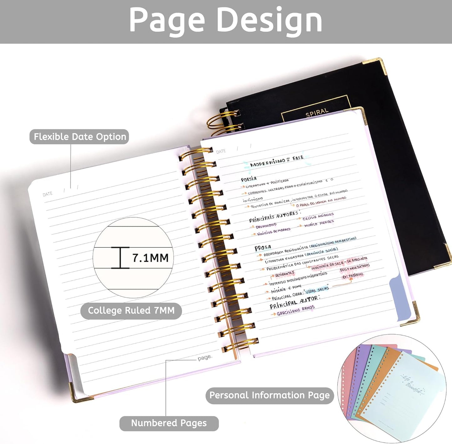 Hardcover Spiral Notebook with Tabs 8"x10" Large Spiral Lined Journals for Women with Dividers 240 Pages College Ruled Composition Notebook 5 Subject Notebook for Work, Back to School, Gifts, Purple