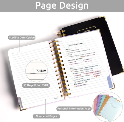 Hardcover Spiral Notebook with Tabs 8"x10" Large Spiral Lined Journals for Women with Dividers 240 Pages College Ruled Composition Notebook 5 Subject Notebook for Work, Back to School, Gifts, Purple