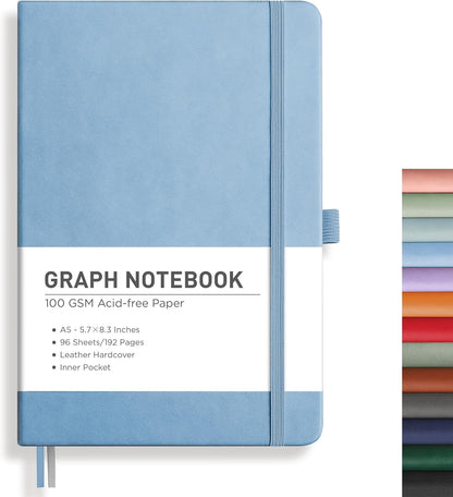 RETTACY Graph Grid Paper Notebook, 192 Pages, A5 Medium Size (5.7'' x 8.3''), 5 Squares per Inch, Leather Hardcover, 100 GSM Thick Paper, for School, Students, Math, Engineering (Brown)