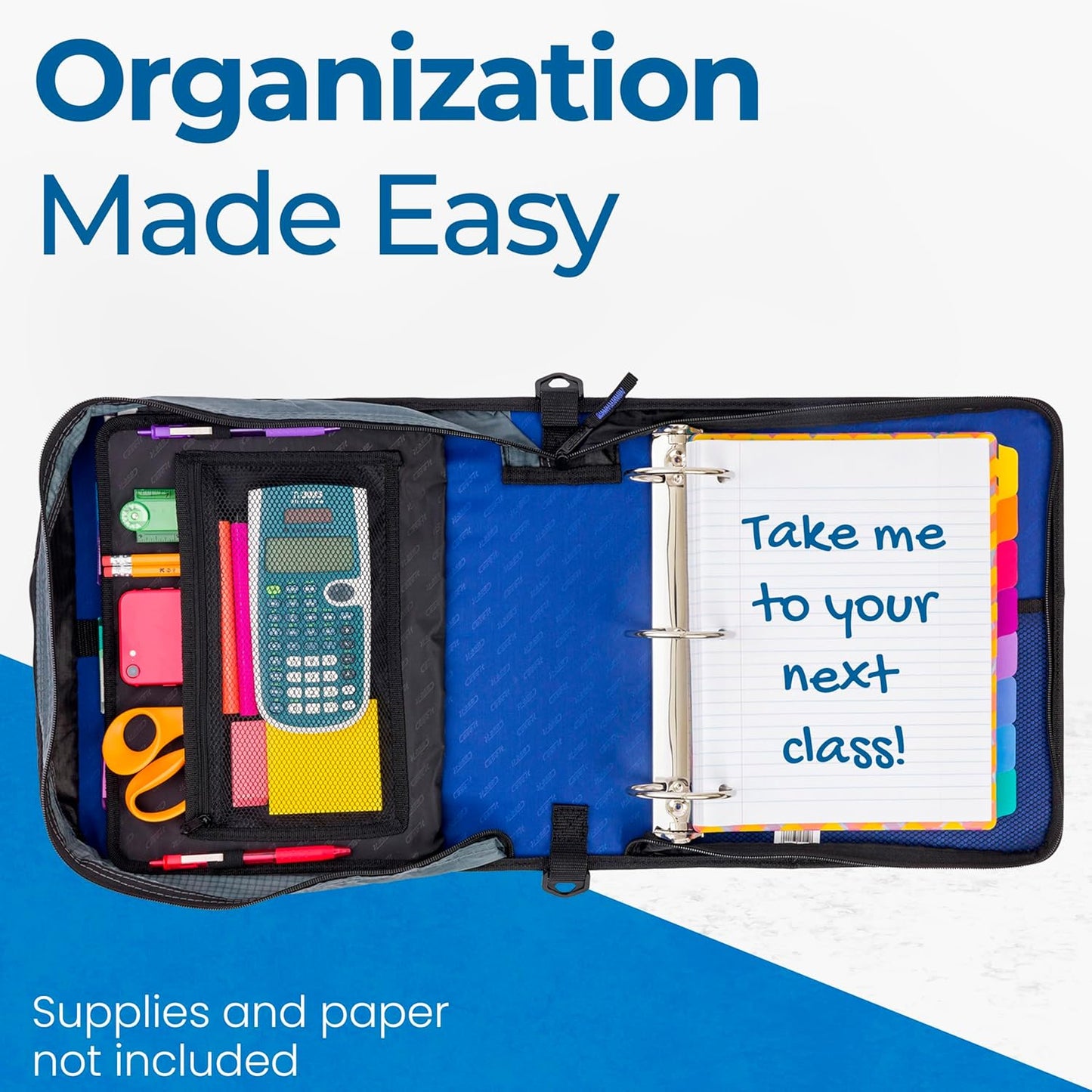 Case-it Mighty Zip Tab School Zipper Binder | 3-Inch O-Rings, 600-Sheet Capacity, 5-Subject Expanding File Folder, Multiple Pockets & Storage Organizer, Shoulder Strap | D-146 Jet Black
