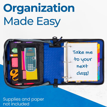 Case-it Mighty Zip Tab School Zipper Binder | 3-Inch O-Rings, 600-Sheet Capacity, 5-Subject Expanding File Folder, Multiple Pockets & Storage Organizer, Shoulder Strap | D-146 Jet Black