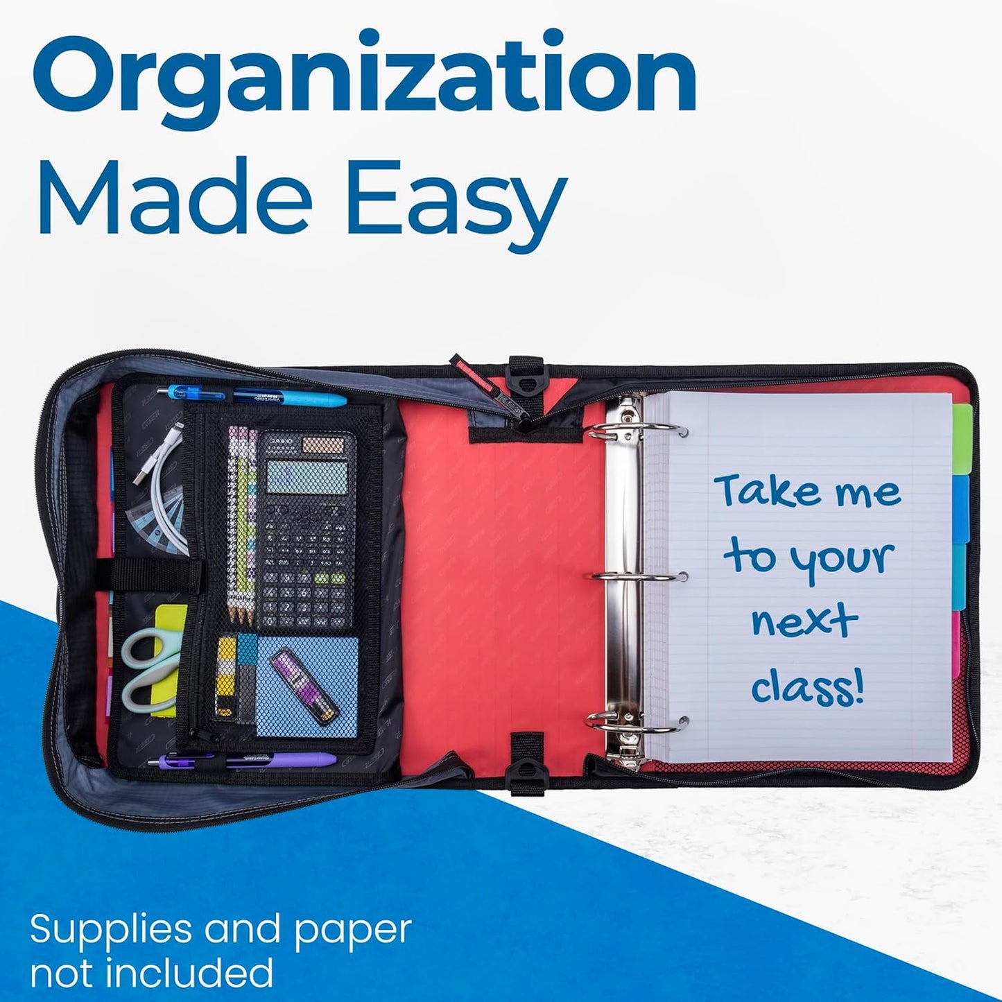 Case-it Mighty Zip Tab School Zipper Binder | 3-Inch O-Rings, 600-Sheet Capacity, 5-Subject Expanding File Folder, Multiple Pockets & Storage Organizer, Shoulder Strap | D-146 Jet Black