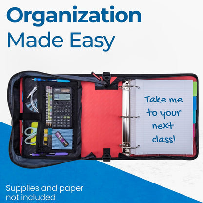 Case-it Mighty Zip Tab School Zipper Binder | 3-Inch O-Rings, 600-Sheet Capacity, 5-Subject Expanding File Folder, Multiple Pockets & Storage Organizer, Shoulder Strap | D-146 Jet Black
