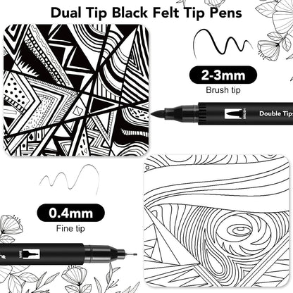 Thboxes 12 Pack Black Drawing Pens, Dual Tip Brush Fineliners Pens Washable Brush Tip Markers for Adults Art Drawing Sketching Journaling Calligraphy