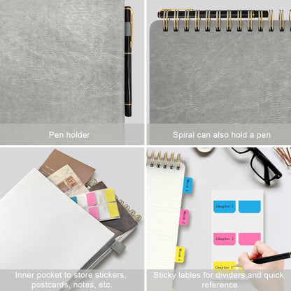 A5 Top Spiral Notebook, Large Leather Hardcover Top Bound Steno Pads, 240 Pages 100 gsm Thick Lined Paper Left Handed Notebook Journal for Work, School, Meeting Writing - Brown, 5.9" x 8.5"
