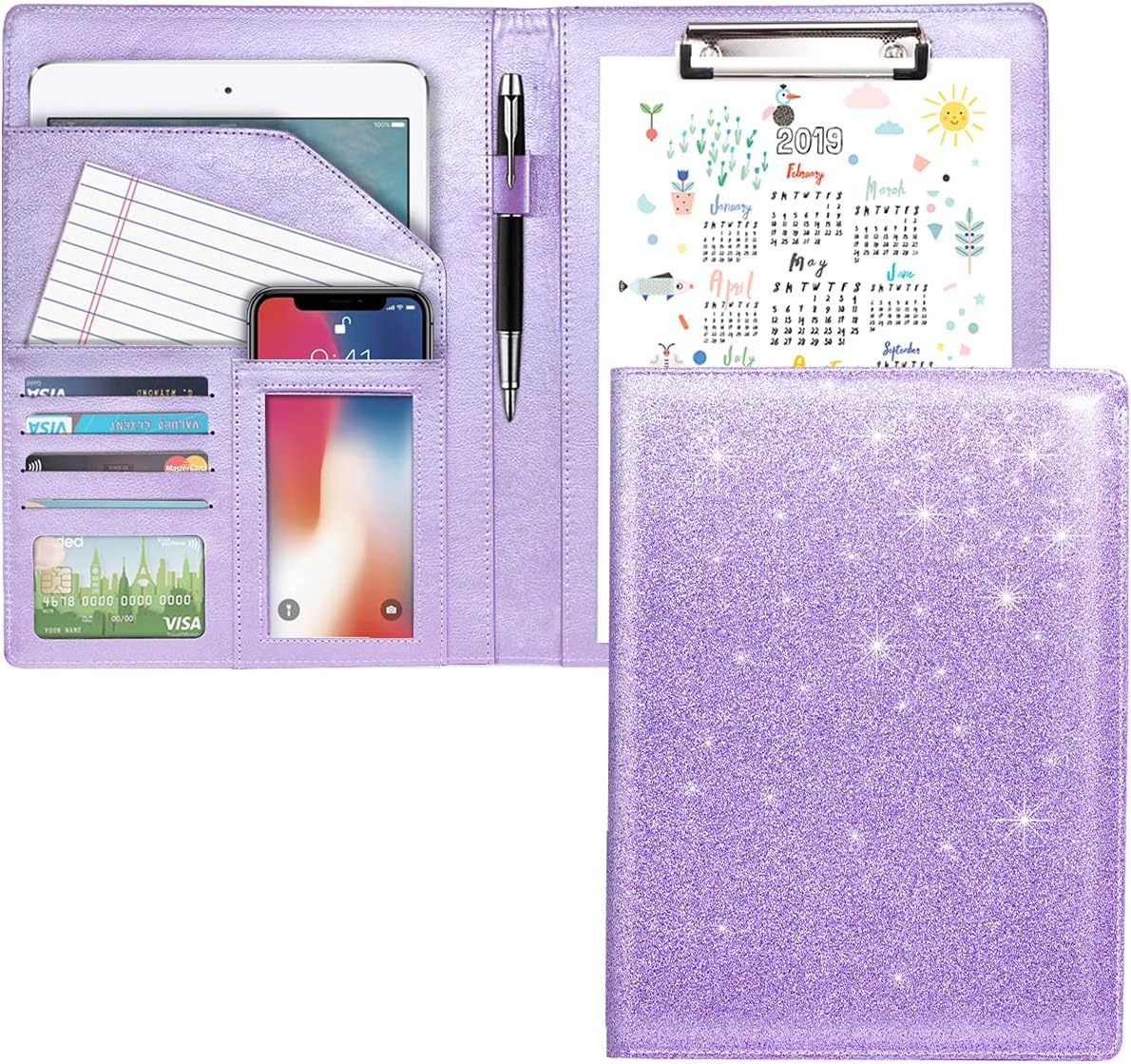 WAVEYU Resume Portfolio Folder, Padfolio Clipboard, Writing Portfolio Leather Clipboard with Cover for Legal Pad Holder Letter Size A4 for Business Conference Notepad Clip Boards, Purple