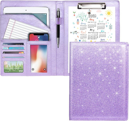 WAVEYU Resume Portfolio Folder, Padfolio Clipboard, Writing Portfolio Leather Clipboard with Cover for Legal Pad Holder Letter Size A4 for Business Conference Notepad Clip Boards, Purple