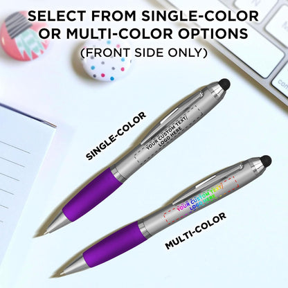 DISCOUNT PROMOS Custom Stylus Ballpoint Pens Set of 10/50/100, Personalized Bulk Pack - Black Ink, Great for Office, School, Business, Tradeshows, Events - Purple
