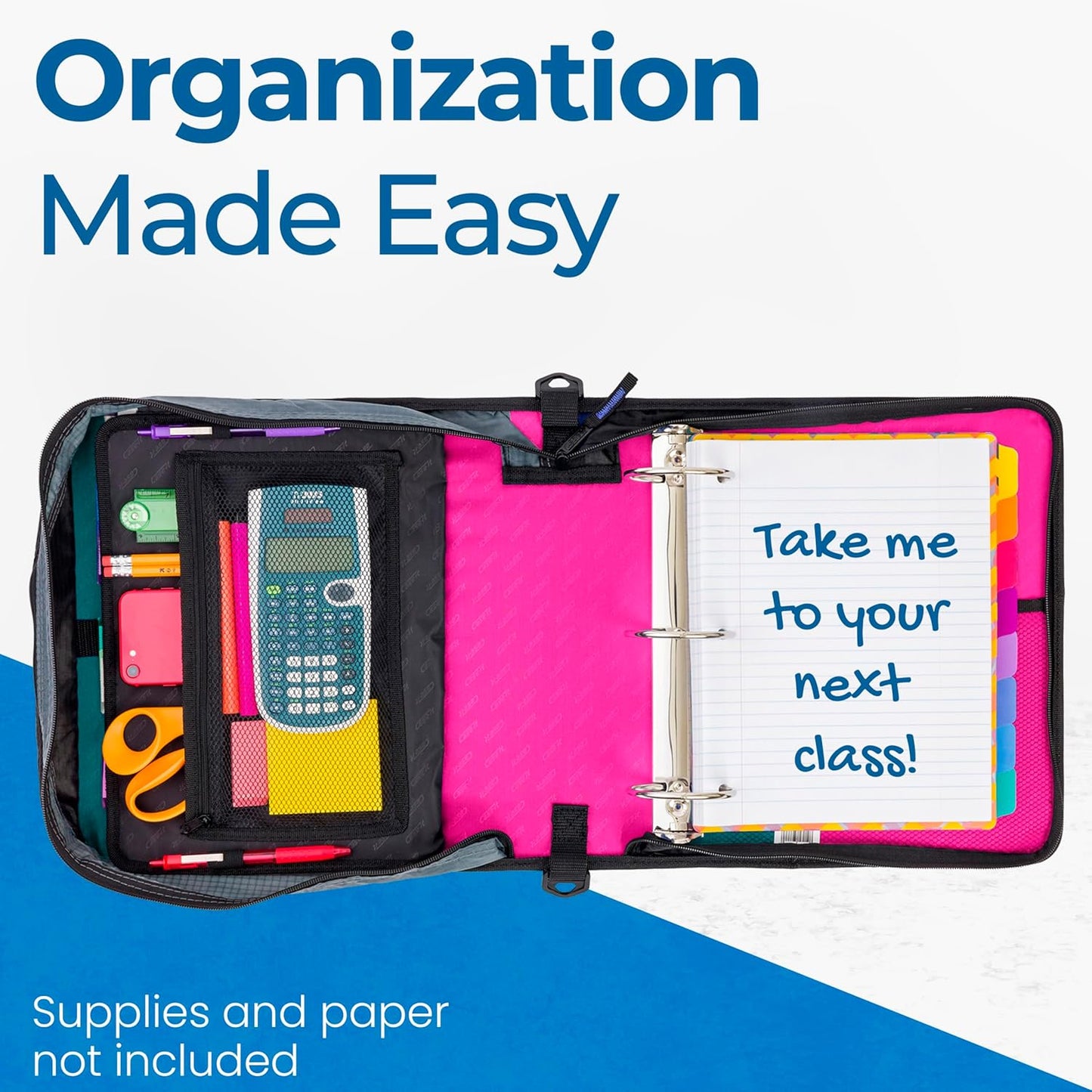 Case-it Mighty Zip Tab School Zipper Binder | 3-Inch O-Rings, 600-Sheet Capacity, 5-Subject Expanding File Folder, Multiple Pockets & Storage Organizer, Shoulder Strap | D-146 Jet Black