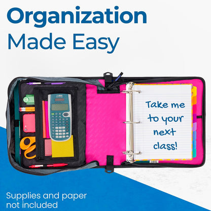 Case-it Mighty Zip Tab School Zipper Binder | 3-Inch O-Rings, 600-Sheet Capacity, 5-Subject Expanding File Folder, Multiple Pockets & Storage Organizer, Shoulder Strap | D-146 Jet Black