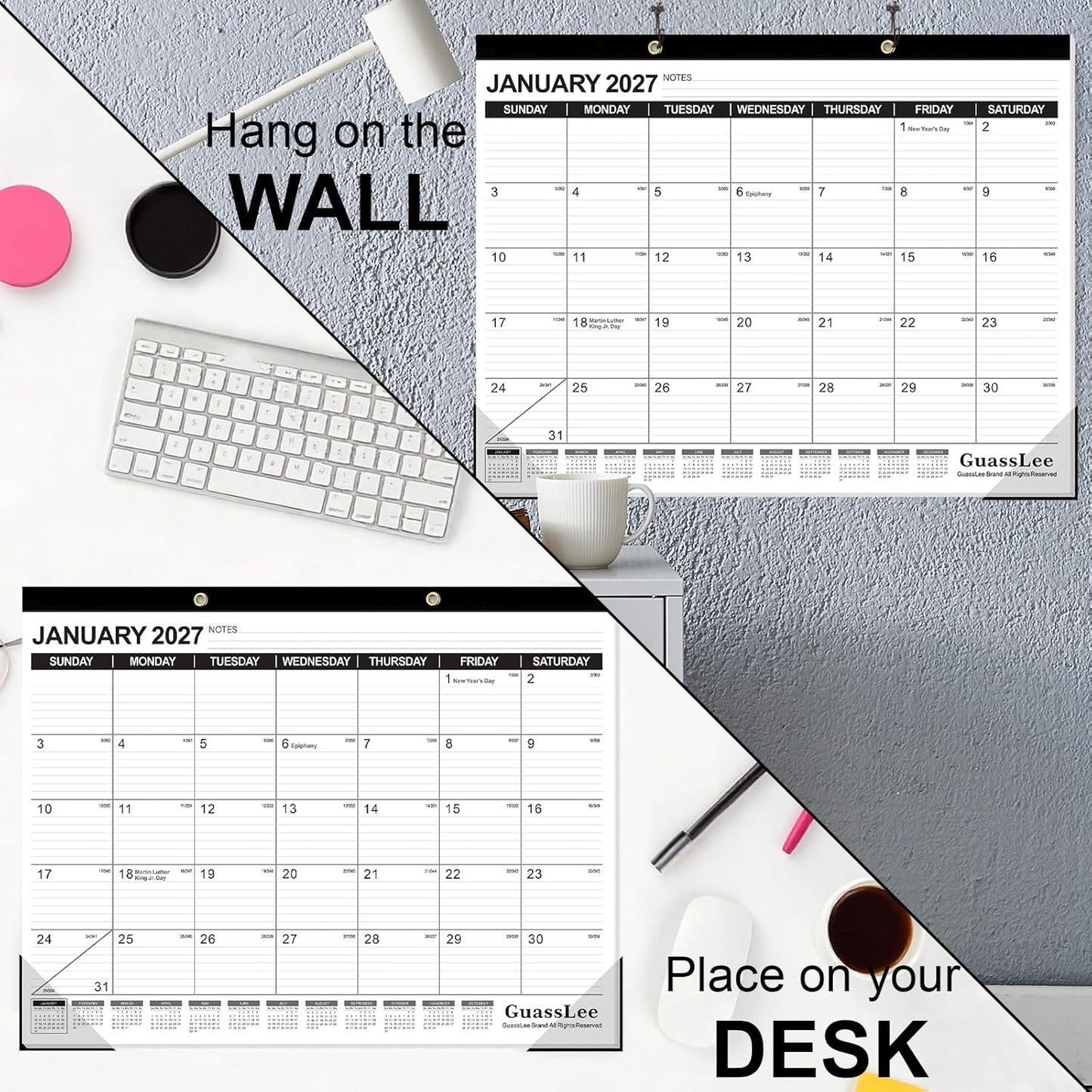 GuassLee Desk Calendar 2026-2027 - 19 Months Academic Calendar 17" × 11.5" Desktop Calendar from Jun. 2026 to Dec. 2027 with Julian Date for Home School Office Desk Top Organizing